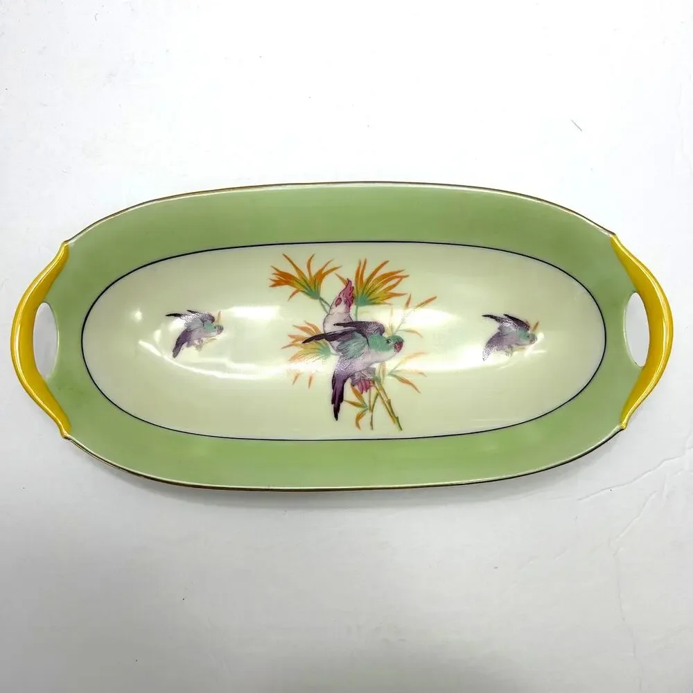 Antique 1920's Moschendorf Bavaria Green Yellow Birds‎ Platter/Celery Dish